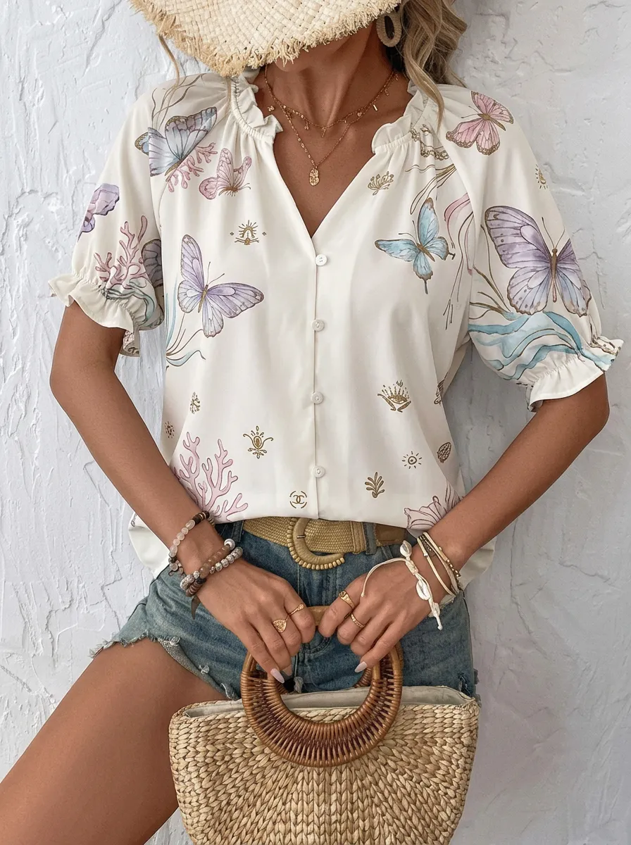 Women's Boho Butterfly Coral Printed Button Up Blouse
