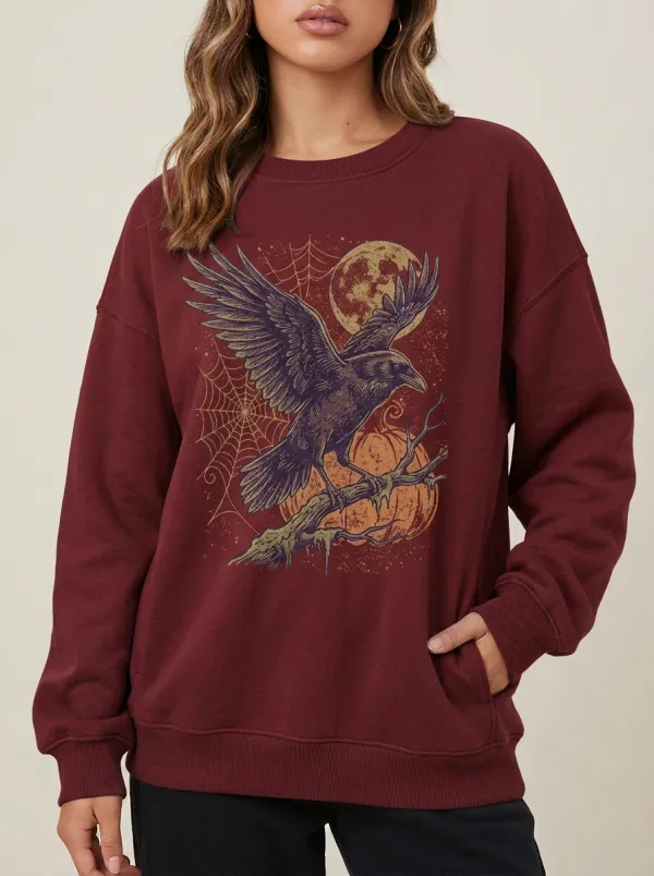 Women's Halloween Raven Moon Spiderweb Printed Sweatshirt