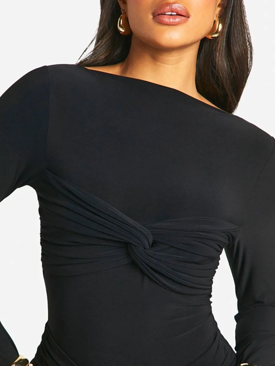Women's Black Knot-Tie Long-Sleeve Maxi Dress