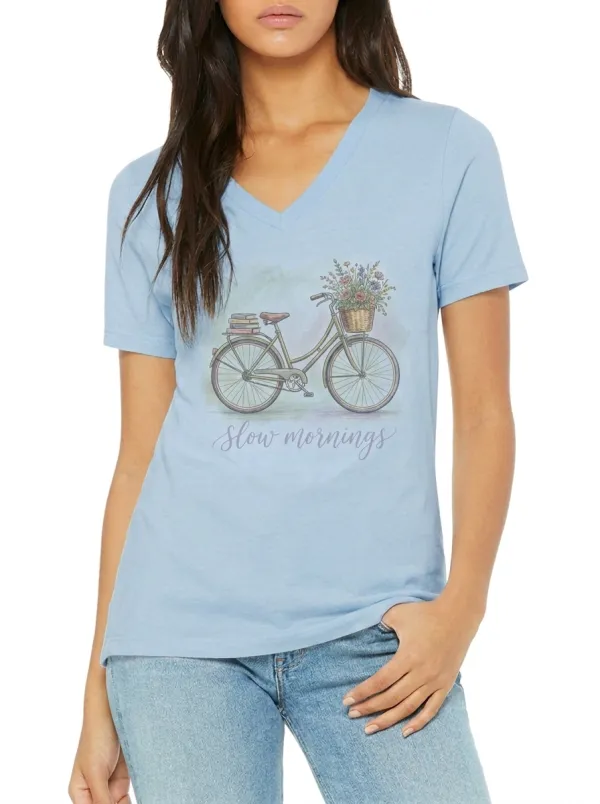 Women's Slow Mornings Bicycle Flower Basket Printed V-neck T-shirt