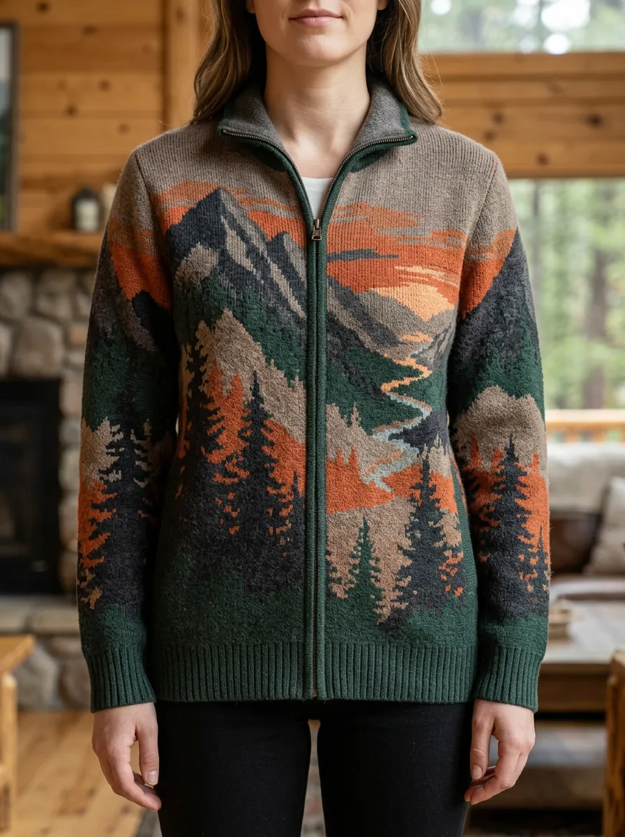 Women's Nature Lover Mountain Forest Landscape Printed Ribbed Trim Daily Layering Cardigan