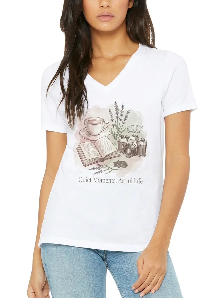 Women's Book Coffee Camera Cat Printed V-neck T-shirt