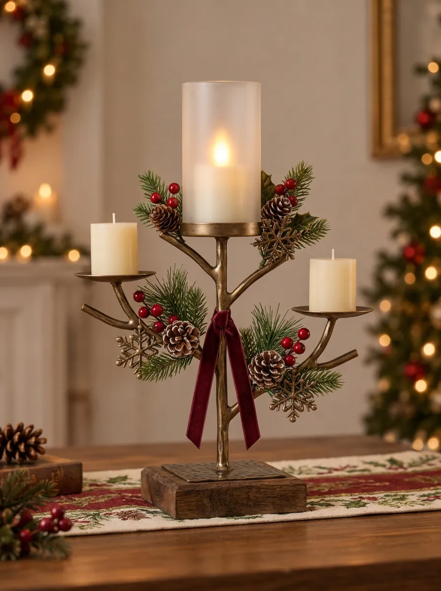 Snowflake Pinecone Berry Metal Candle Holder