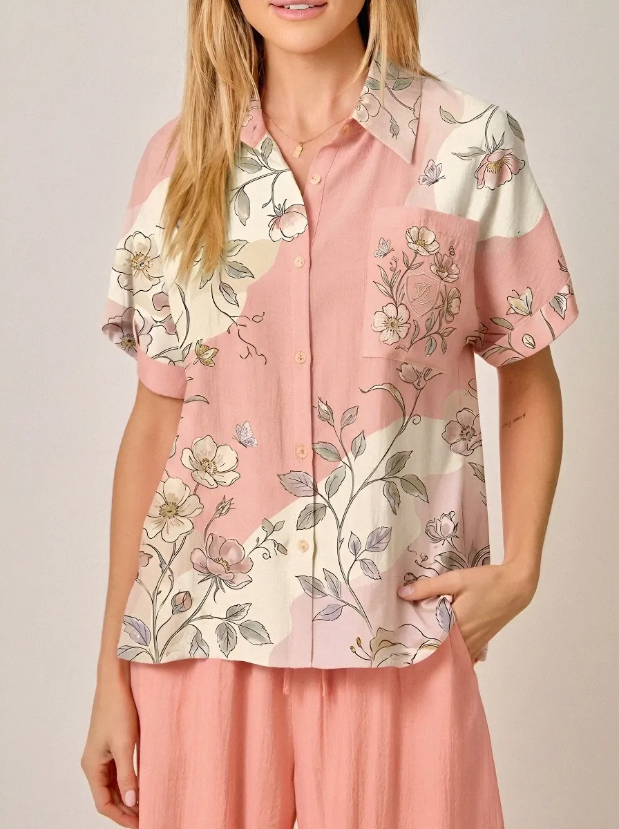 Women's Floral Butterfly Patchwork Printed Button-up Shirt