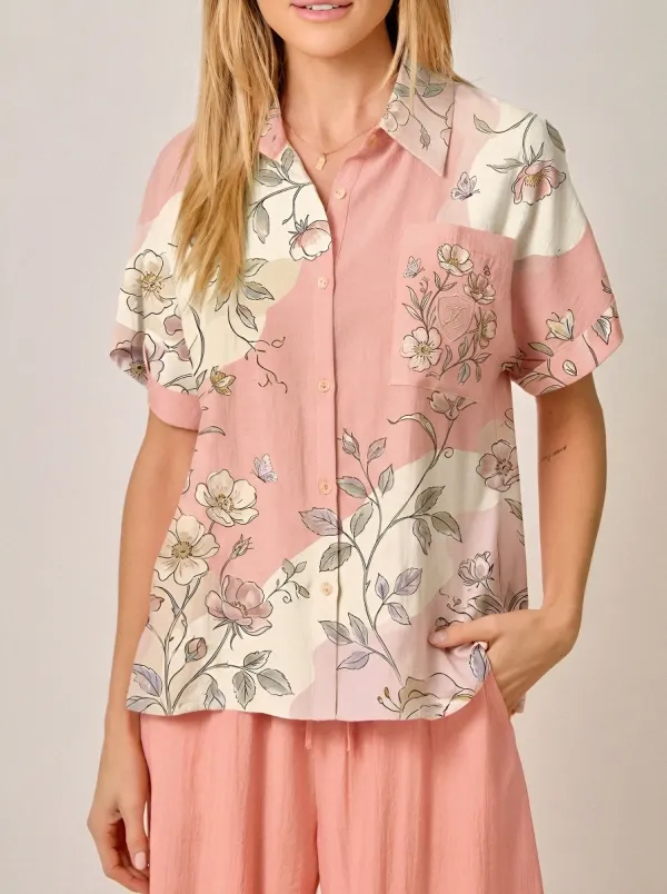 Women's Floral Butterfly Patchwork Printed Button-up Shirt