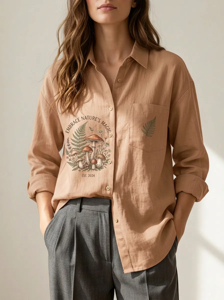 Mushroom Nature Lover Fern Button-Up Shirt