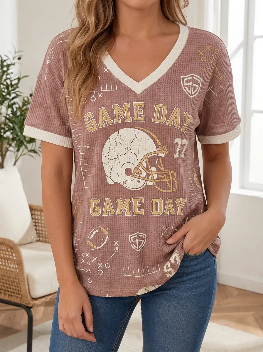 Women's Classic Football Game Day Helmet Printed Waffle Knit Top