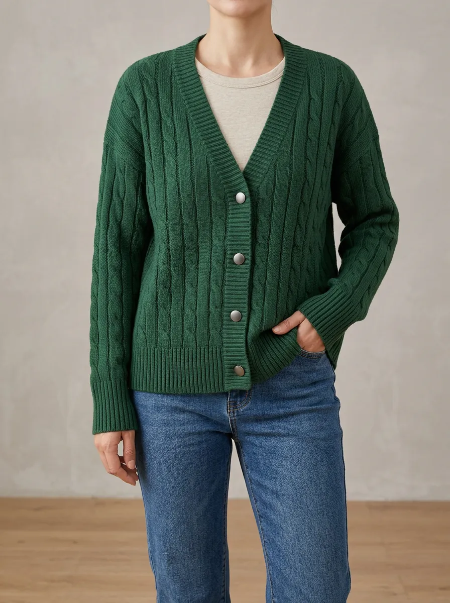 Women's Clean Line Layered Cable Knit Button Front V Neck Cardigan