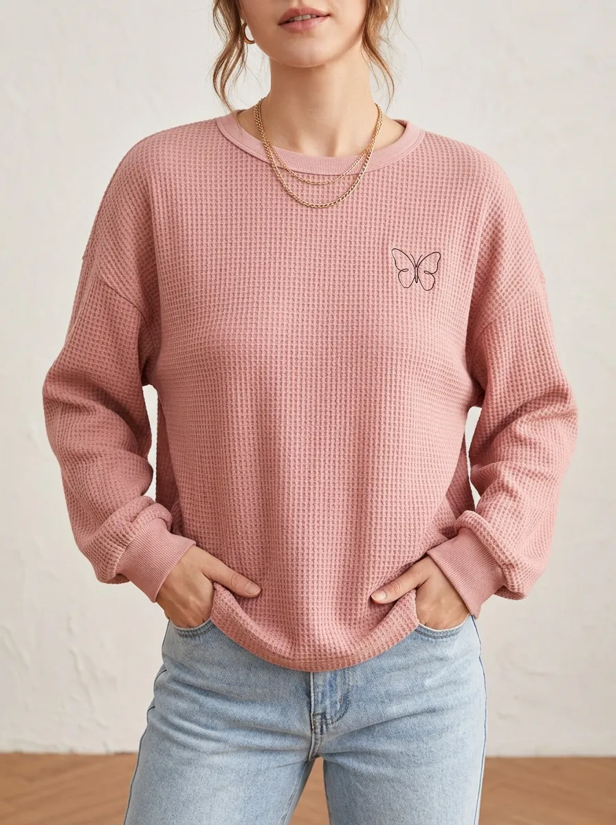 Women's Pink Aesthetic Butterfly Line Art Printed Waffle Knit Sweatshirt