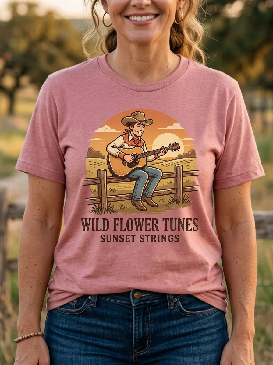 Guitar Cowboy Sunset Country Music Crewneck T-Shirt