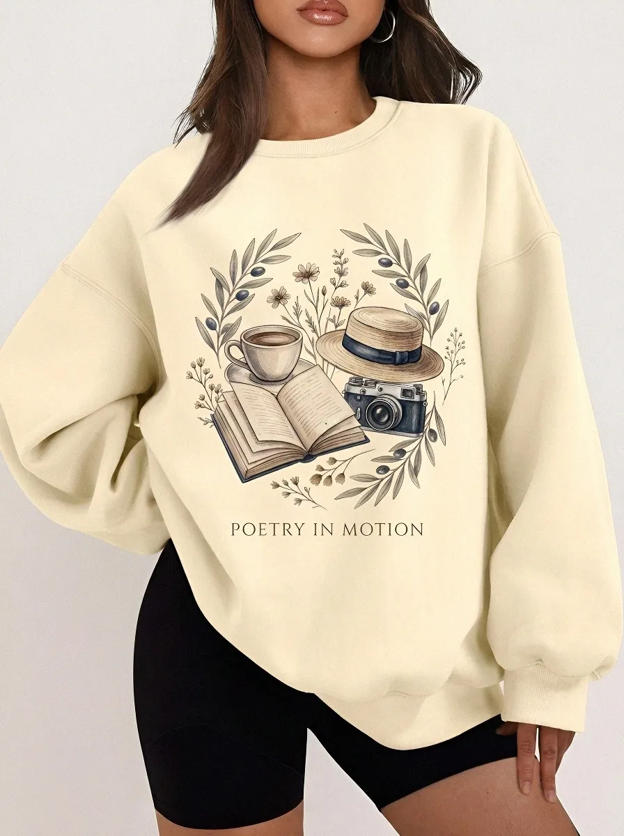 Women's Book Coffee Camera Floral Printed Sweatshirt