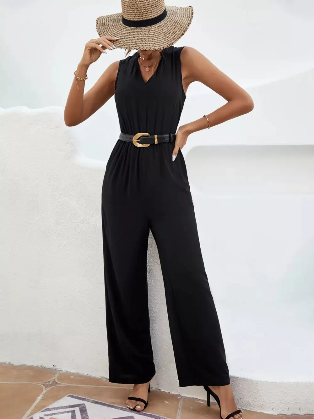 Sleeveless V Neck Wide Leg Jumpsuit