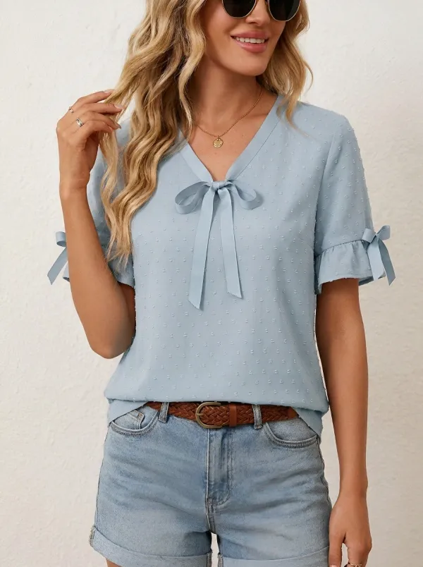 Women's Pink Bowknot Swiss Dot Ruffle Sleeve V-Neck Top