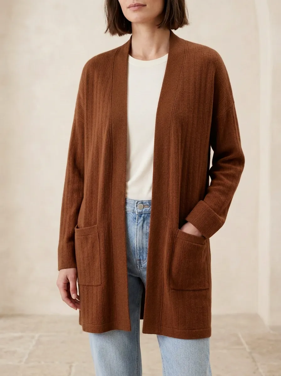 Classic Ribbed-Knit Open-Front Knit Cardigan