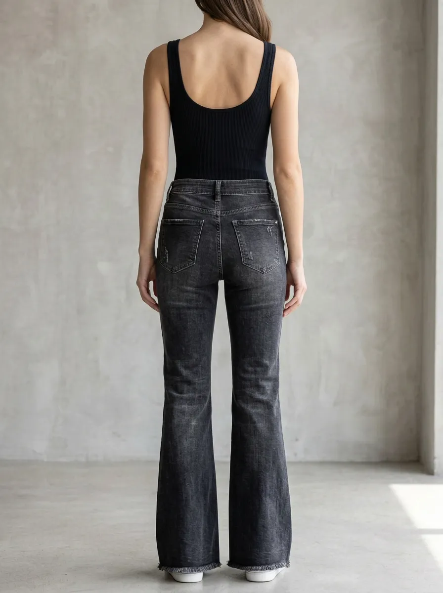 Women's Distressed Black Denim Flared Jeans