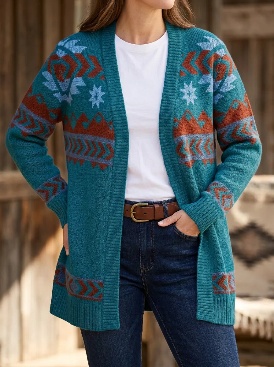 Women's Western Style Geometric Mountain Pattern Printed Cardigan