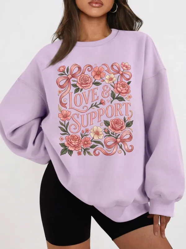 Women's Breast Cancer Awareness Love & Support Floral Ribbon Printed Sweatshirt