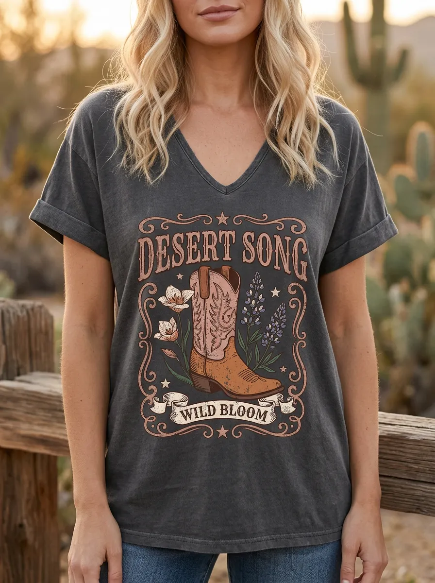 Women's Western Desert Song Cowboy Boot Floral Printed V-Neck T-Shirt