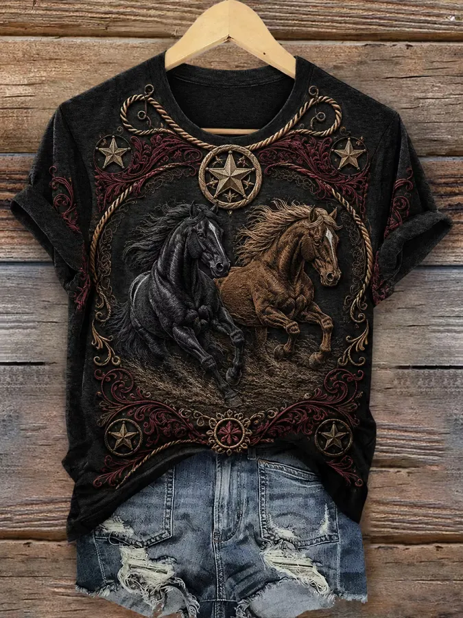 Vintage Horse Art Print Casual T-Shirt
