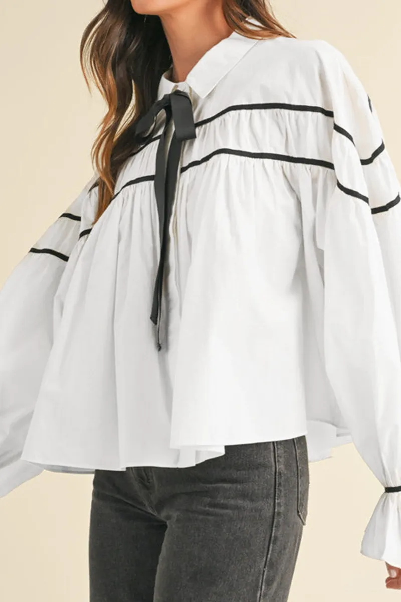 Striped Ruffled Bow Detail Shirt Blouse