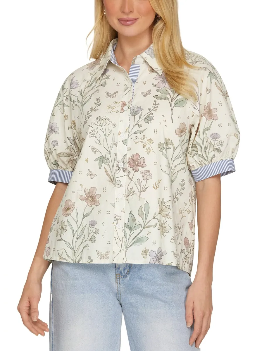 Women's Floral Butterfly Botanical Printed Puff Sleeve Shirt
