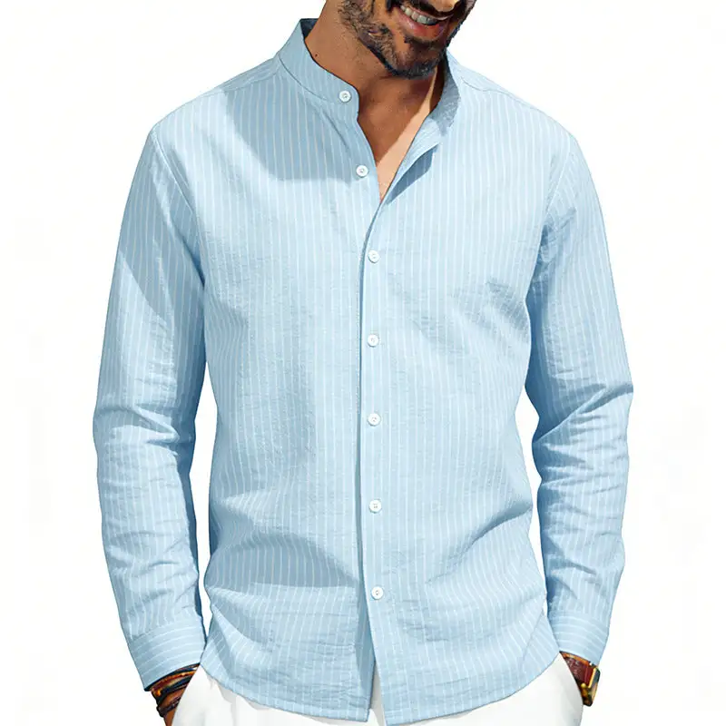 Men's Striped Stand-up Collar Shirt Linen-Cotton Blend With Button Placket