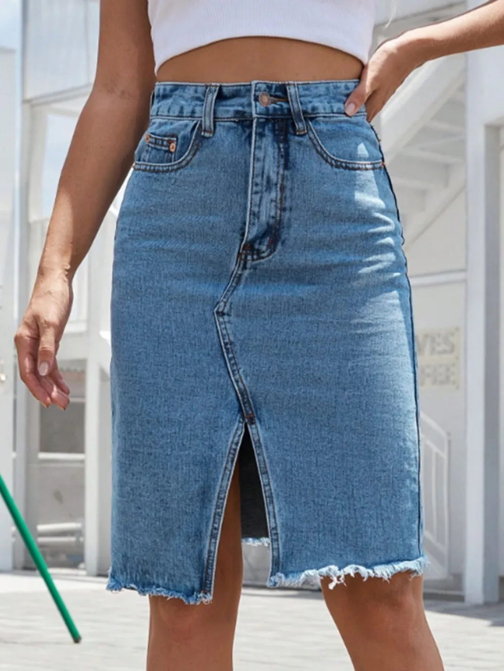 Balanced Button Front Denim Silhouette Skirt