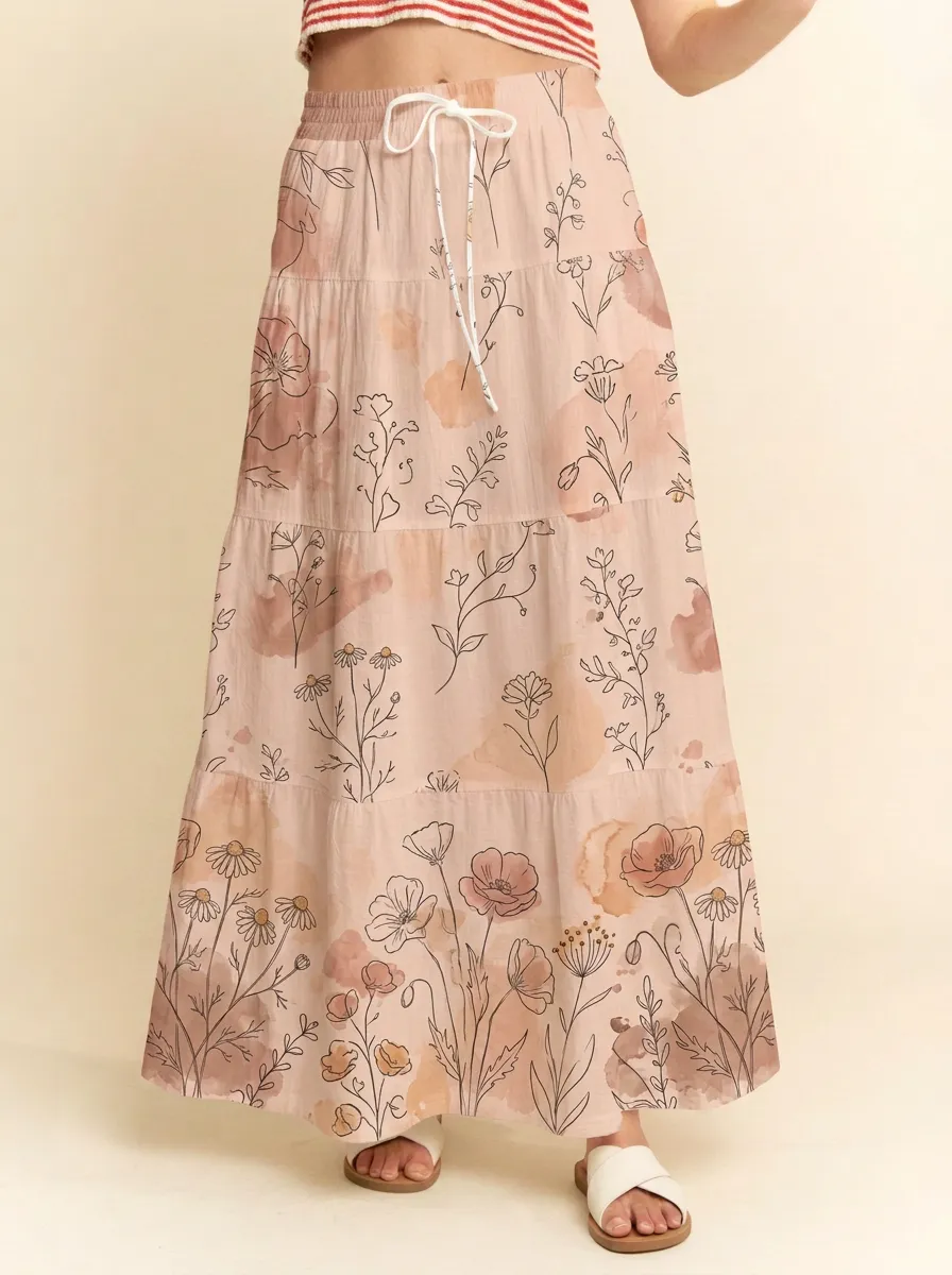 Women's Boho Floral Lover Watercolor Wildflower Printed Maxi Skirt