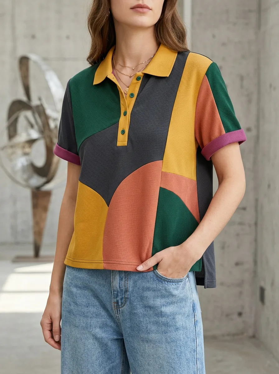 Women's Relaxed Abstract Geometric Colorblock Polo Shirt