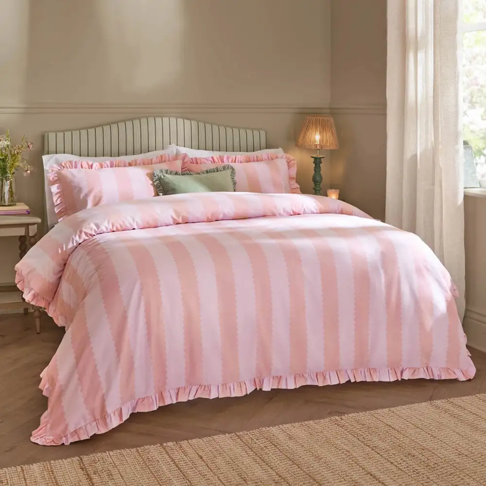 Calm Bedroom Ruffled Stripe Cotton Duvet Cover Set