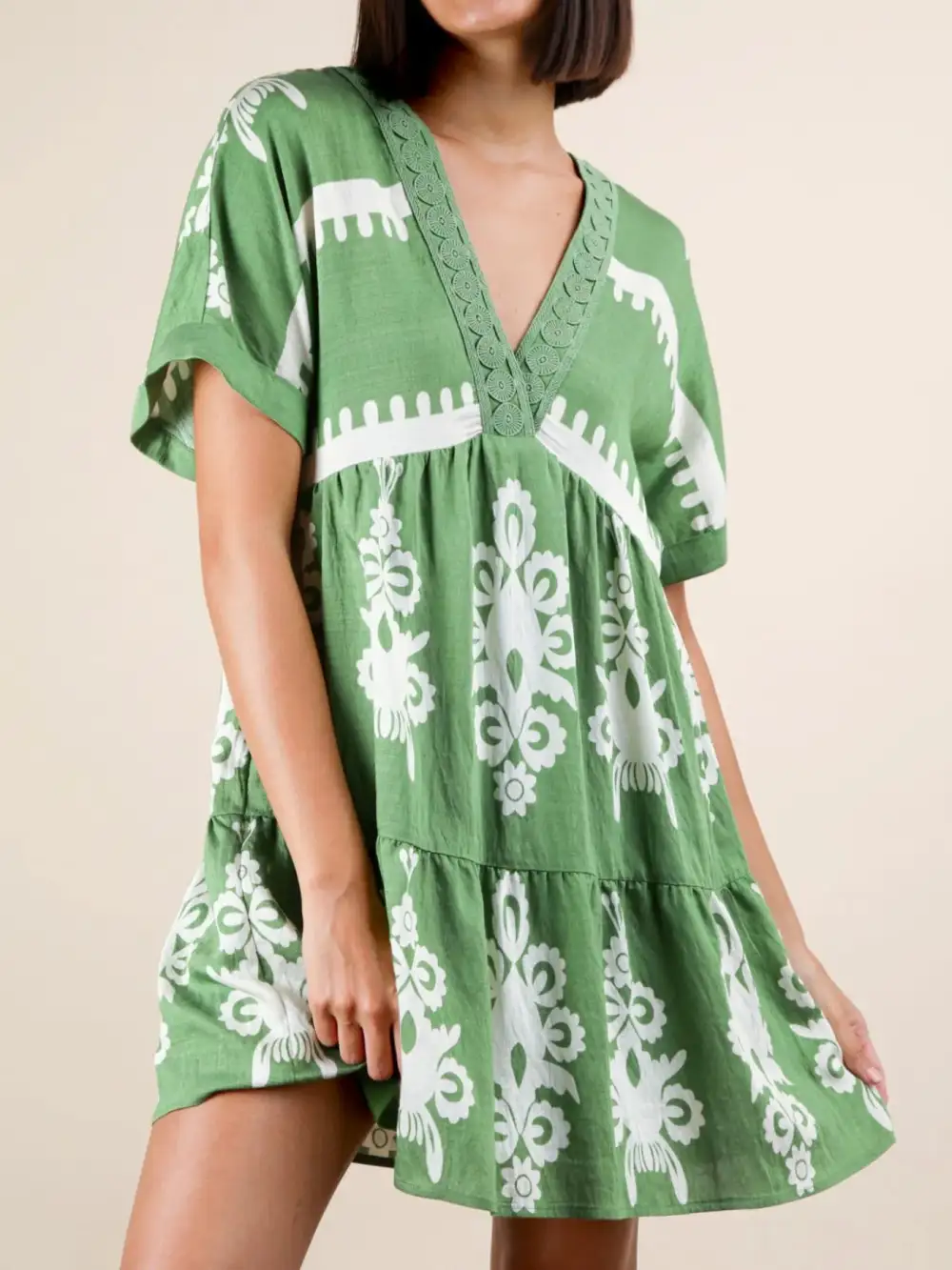 Printed V Neck Short Sleeve Mini Dress