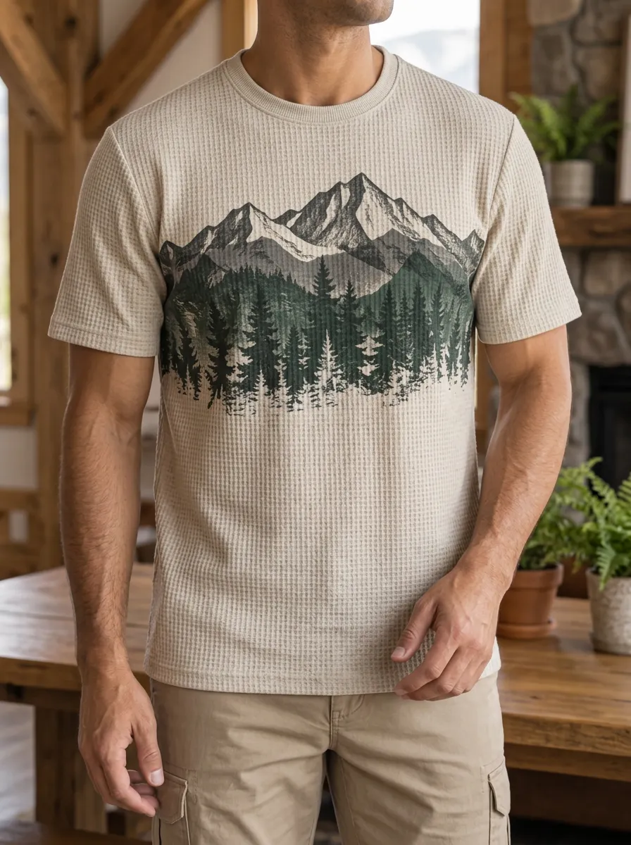 Men's Nature Lover Mountain Forest Waffle Modern Crew Neck T-Shirt