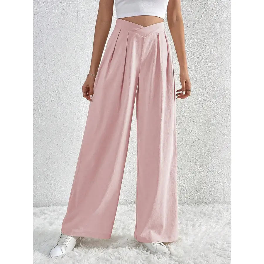 V Waisted Ruched Front Wide Leg Pants