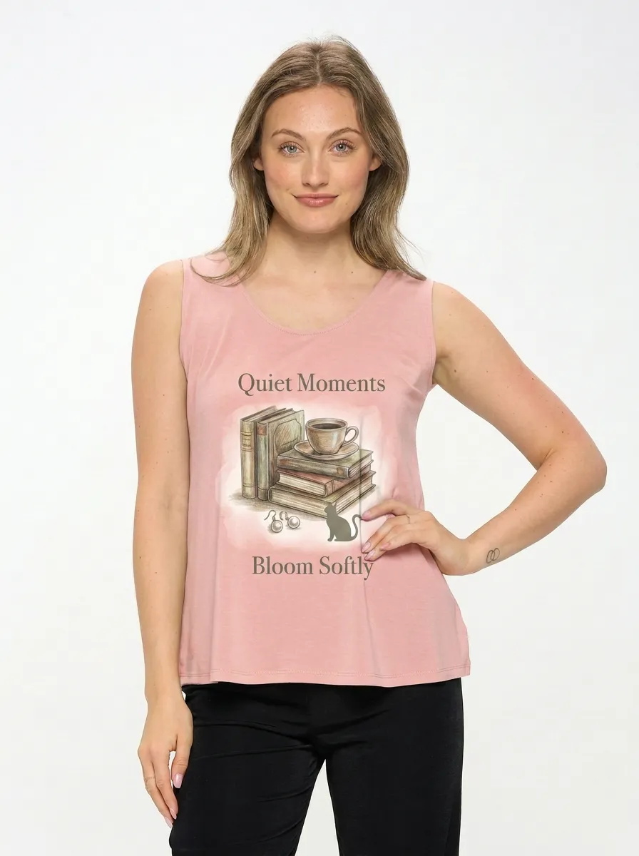 Women's Book Lover Coffee Cat Printed Tank Top
