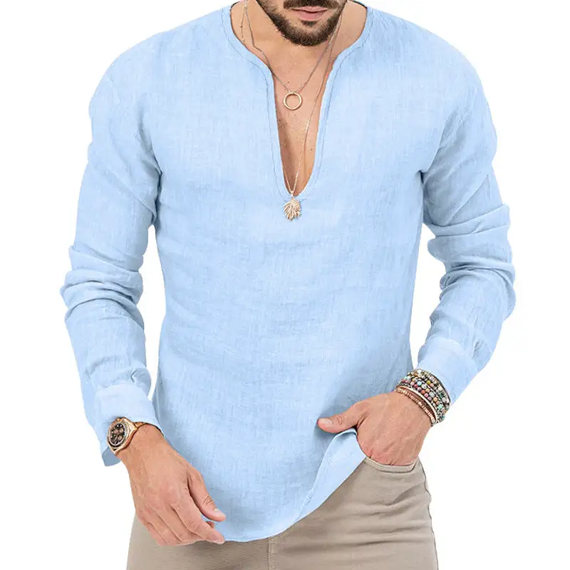 Men's Relaxed Linen Tunic Shirt With Open Slit Collar And Rounded Hem