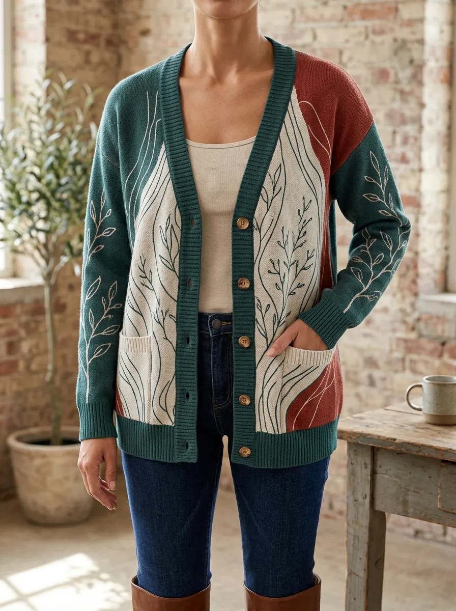 Women's Nature Lover Botanical Leaf Printed Button Front Casual Layering Cardigan