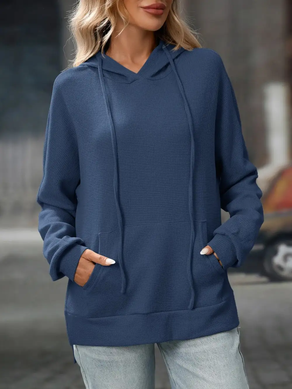 Refined Drawstring Pocketed Long-Sleeve Textured Hoodie