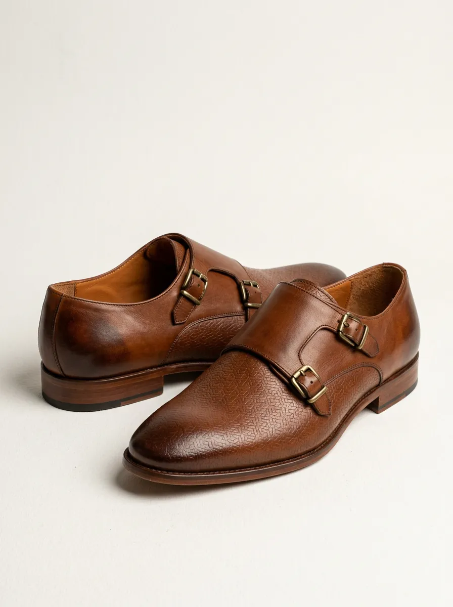 Men's Business Formal Geometric Pattern Printed Double Monk Strap Leather Shoes