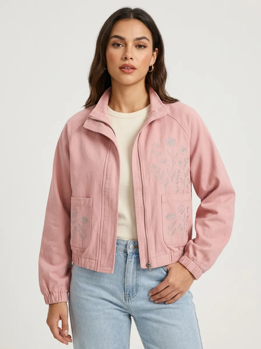 Women's Pink Floral Botanical Embroidered Printed Jacket