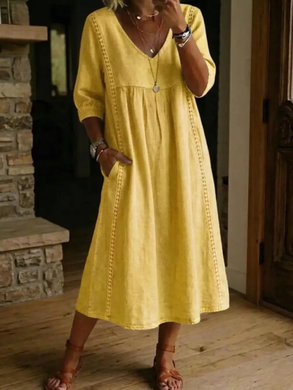V-Neck Three-Quarter Sleeve Midi Dress
