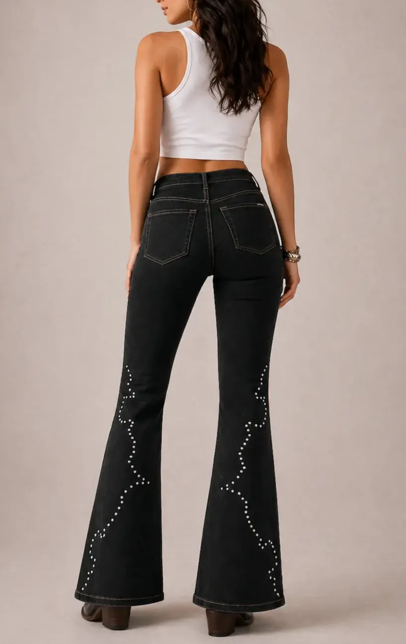 Studded Detail Bootcut Western Style Denim Jeans
