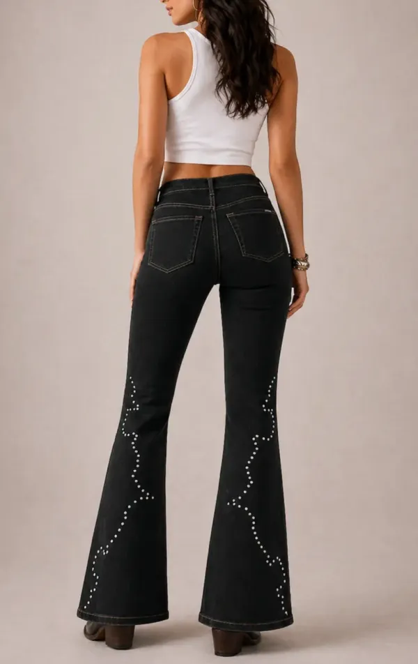Studded Detail Bootcut Western Style Denim Jeans