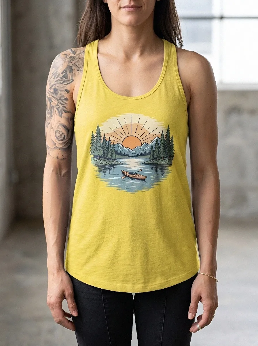 Women's Nature Kayaking Mountain Sunset Printed Tank Top