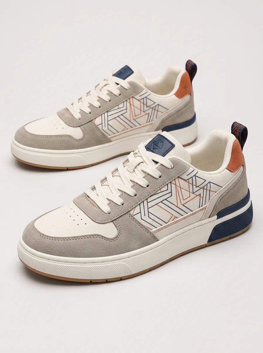 Men's Modern Geometric Pattern Suede Patchwork Printed Sneakers