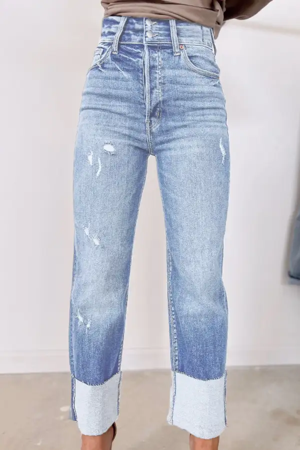 High Waist Distressed Straight Leg Jeans