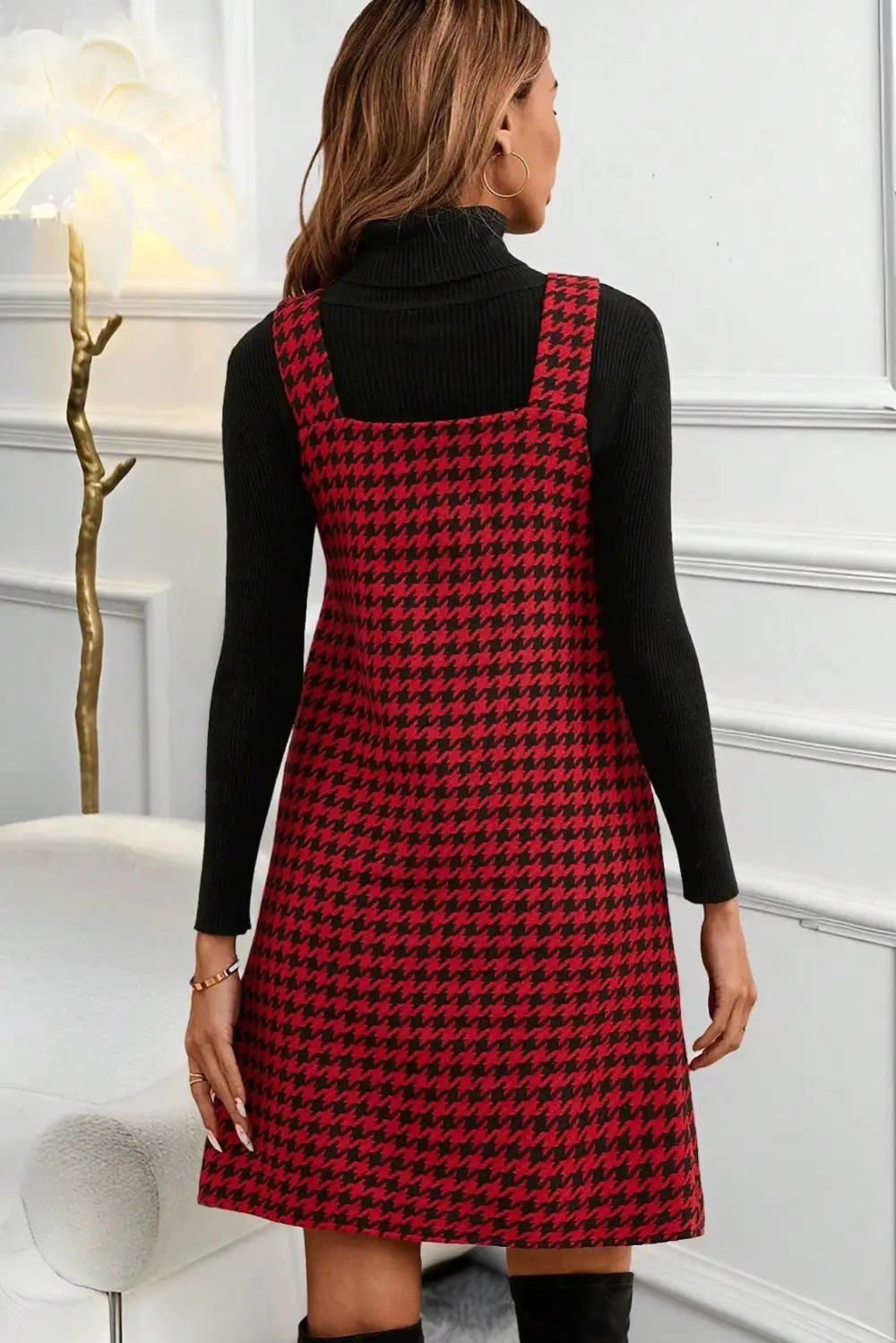 Finish Houndstooth Printed V Neck Mini Dress