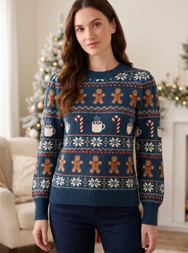 Christmas Gingerbread Man Candy Cane Pattern Knitted Sweater