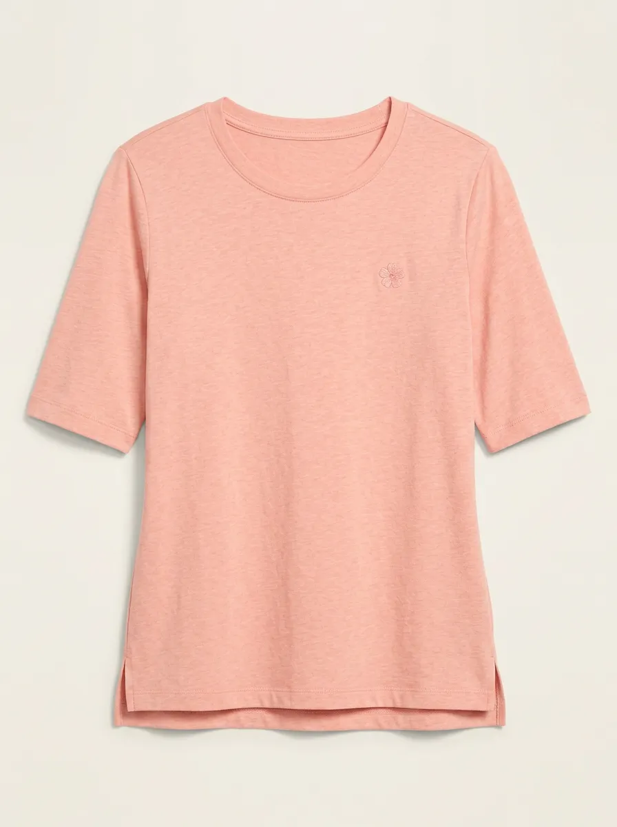 Women's Pink Floral Embroidered Cotton Blend Crewneck T-Shirt