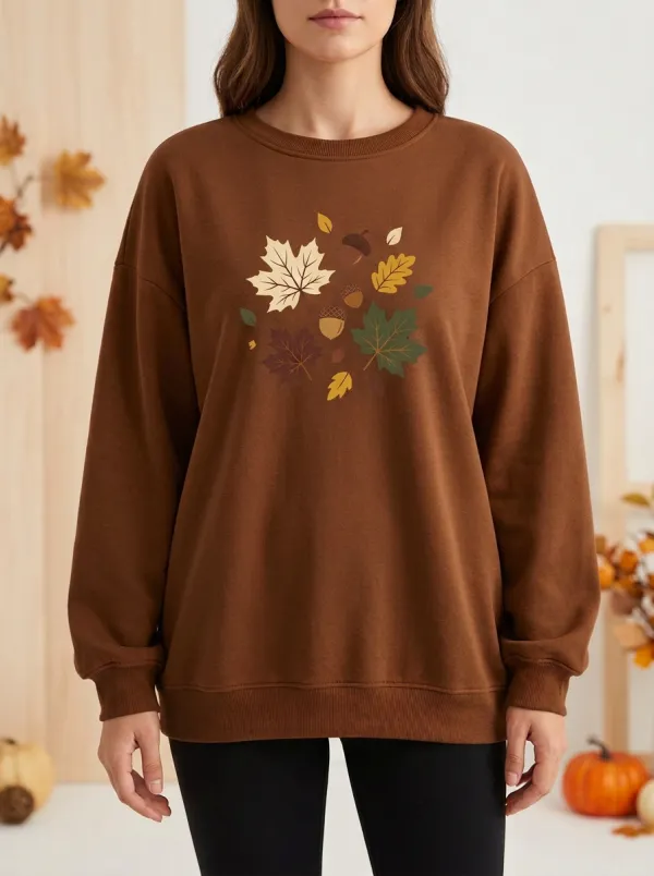 Minimal Maple-Leaf Printed Acorn Graphic Sweatshirt