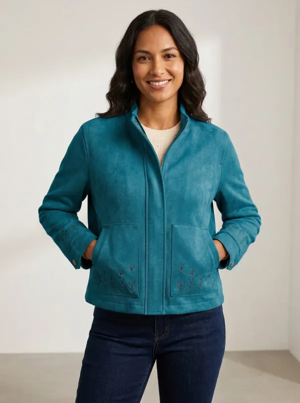 Women's Floral Botanical Embroidered Suede Jacket